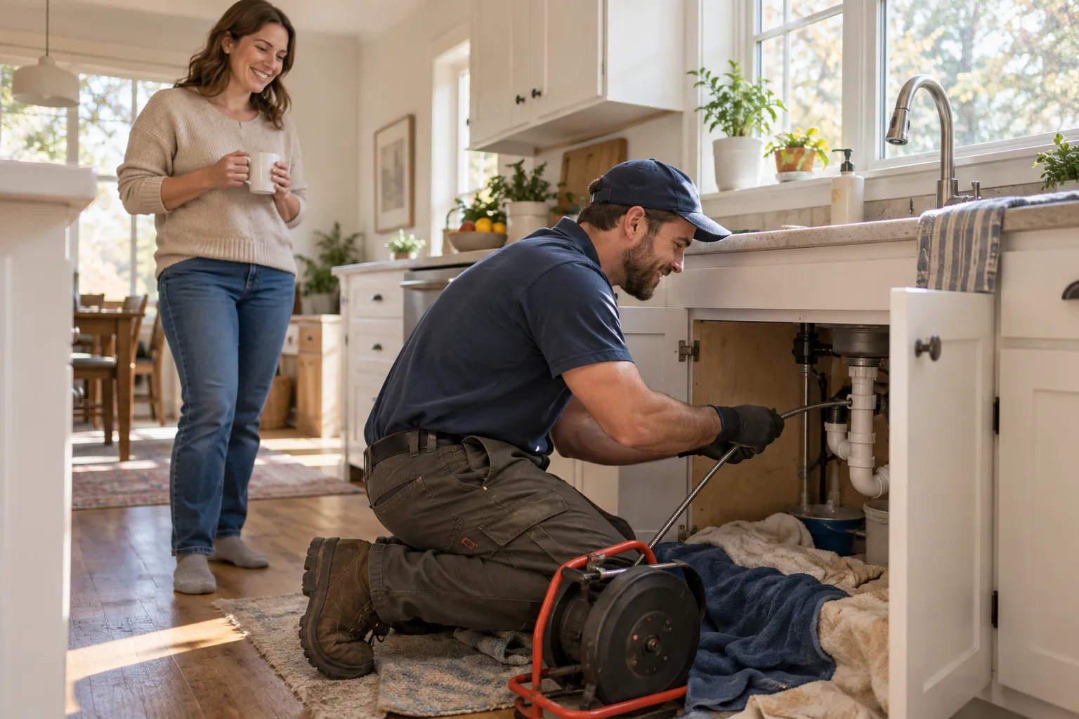Friendly drain cleaning provider clearing a kitchen sink in a home near Fort Worth