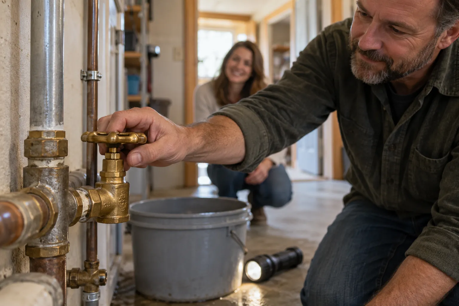 Shutoff valve being turned off during a household plumbing emergency in the Fort Worth area