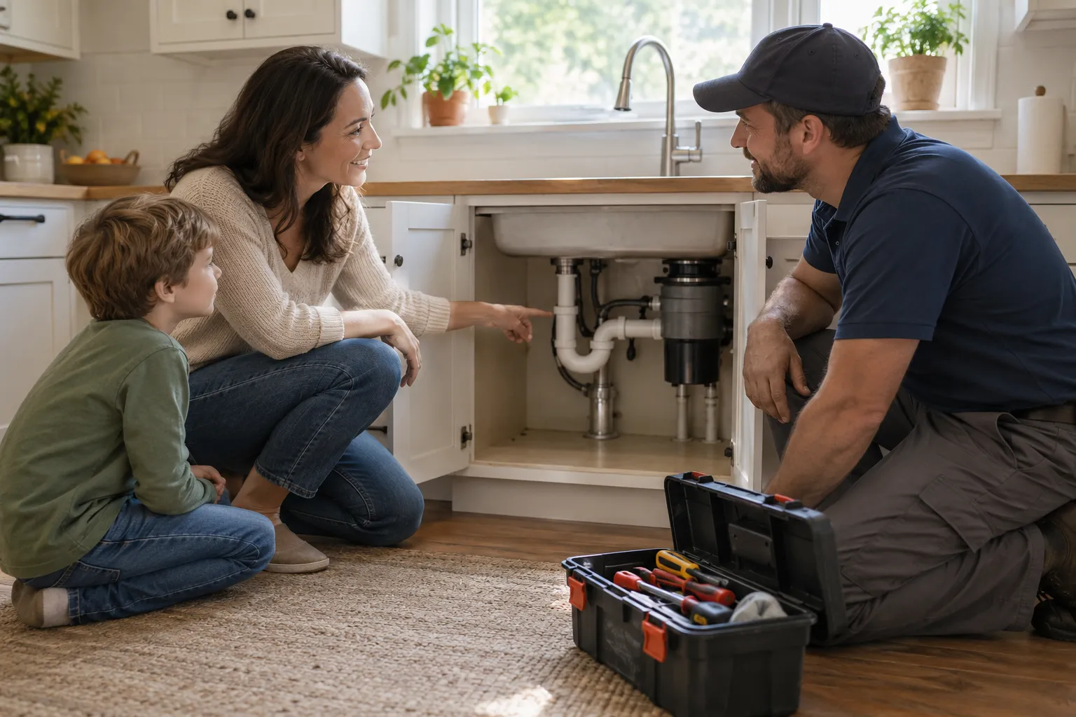 A homeowner in Fort Worth talking with a friendly plumbing provider in a bright kitchen
